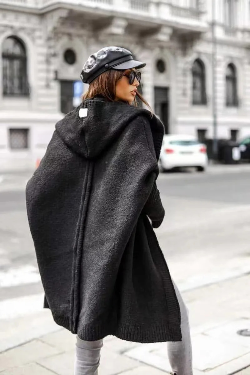 Autumn Winter Cozy Chic Hooded Cardigan Womens Casual Knit Sweater Coat Elegant Batwing Sleeve Pocket Long Jacket Jumpers 241112