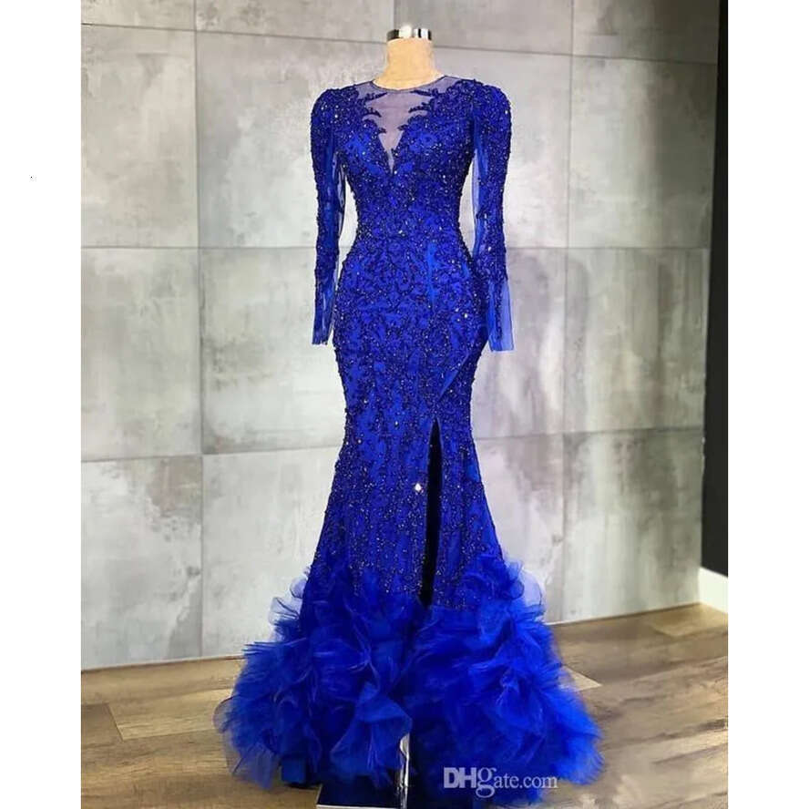 Blue Royal Mermaid Evening Beaded Crystals Sheer Neck Arabic Aso Ebi Party Gowns Formal Prom Dresses Wear Bc