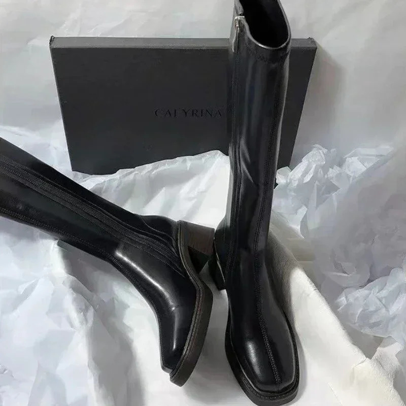 Female Shoes on Sale High Quality Side Zip Womens Boots Autumn Winter Square Toe Solid High Tube Block Heels Fashion Boots 241114