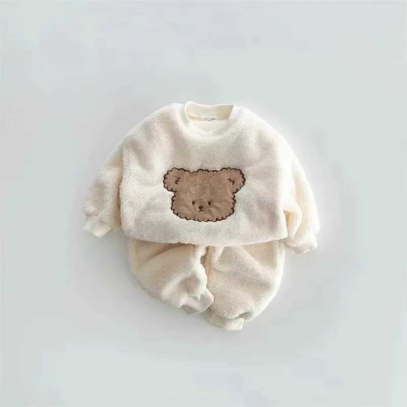 Clothing Sets 2024 new baby autumn and winter cartoon plush two-piece set male and female baby warm outing set bear cute T Z 2 4 6 8 H241126
