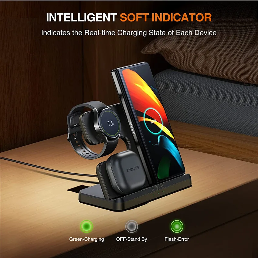 15W 3 In 1 Wireless Charger Stand Fast Charging Dock Station For Samsung Z Fold Flip S24 Ultra S23 FE S22 S21 S20 Galaxy Watch 5 4 3 Active 2 Gear S3 