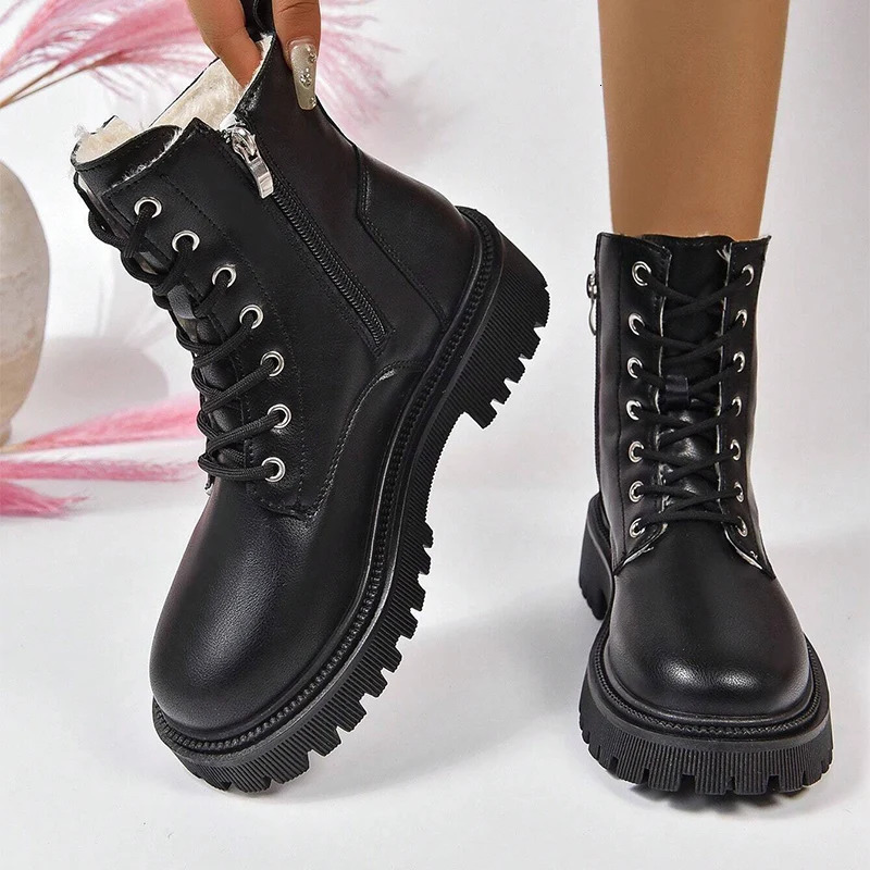 Thick Warm Long Plush Ankle Boots for Women Winter 2024 Lace Up Pu Leather Motorcycle Boots Woman Plus Size Short Booties Shoes 241126