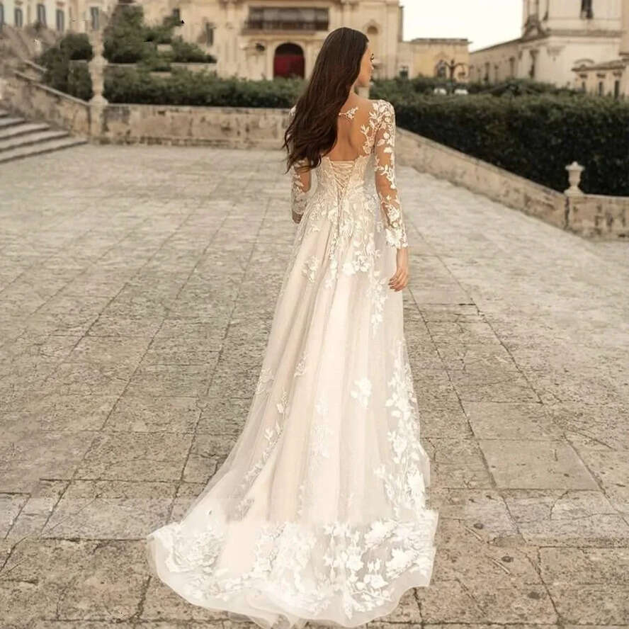 Elegant Long Sleeves A E Wedding Dresses Sheer Scoop Neck Tulle Applique Sweep Train Bridal Gowns Bride Dress Custom Made With Lace UP