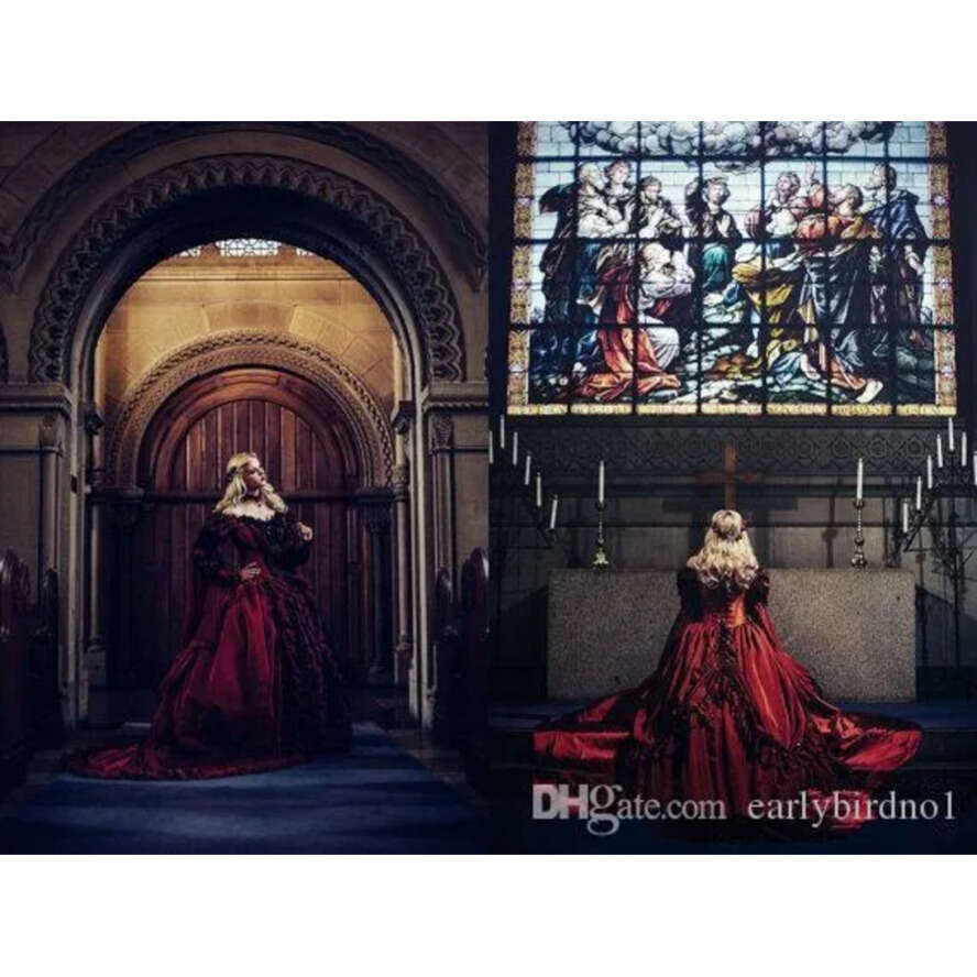New Gothic Sleeping Beauty Princess Medieval Bury And Black Wedding Dress Long Sleeve Lace Appliques Victorian Masquerade Bridal Gowns