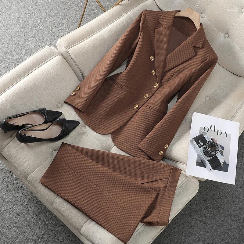 Elegant Women's Suit: Coffee Khaki & Black Two-Piece Pantset for Professional Workplace