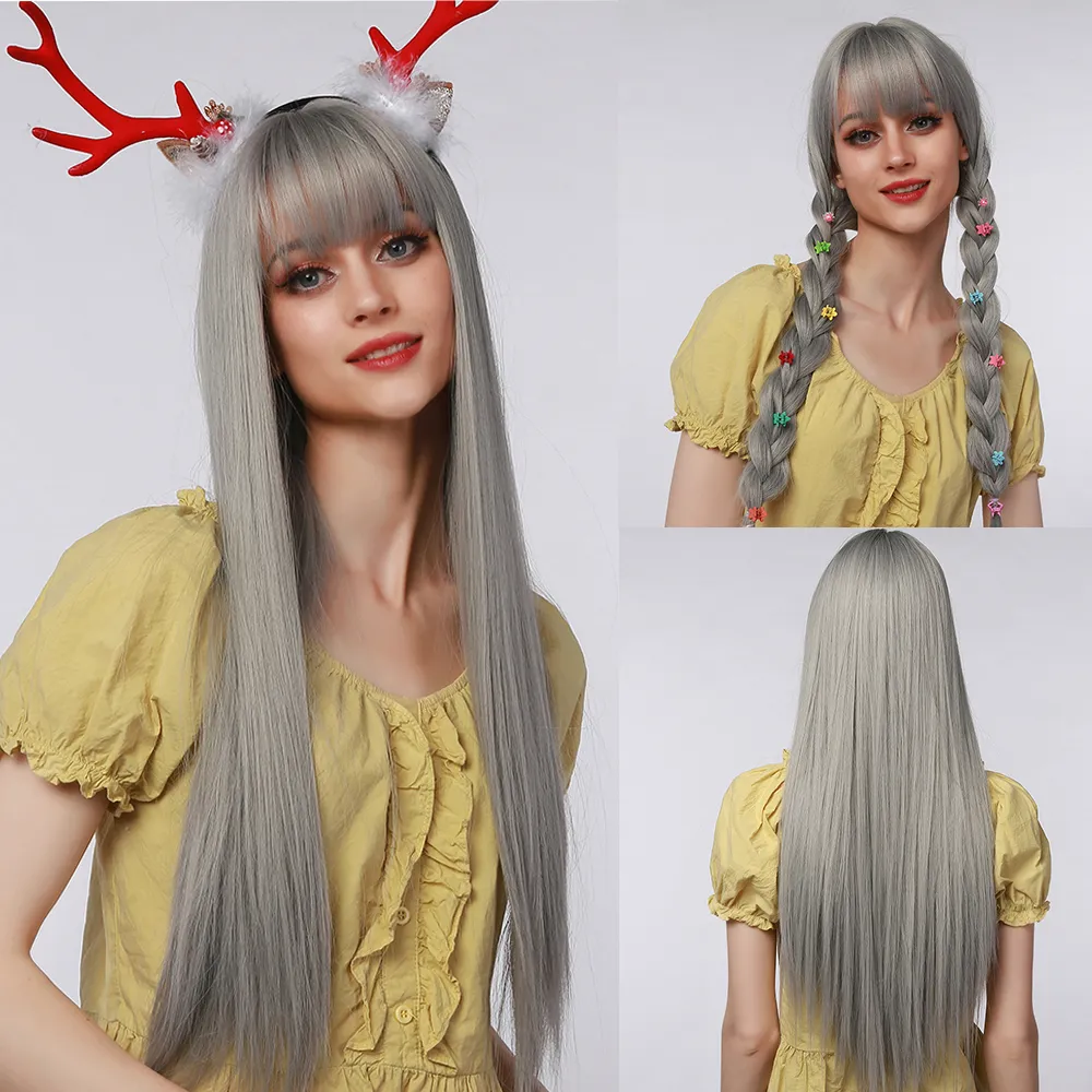 Brazilian Long Hair Straight Colored Wig With Bangs Fringe For Women Similar to Real Human Hair With Babyhair Glueless No Full Lace Wig Synthetic Silk