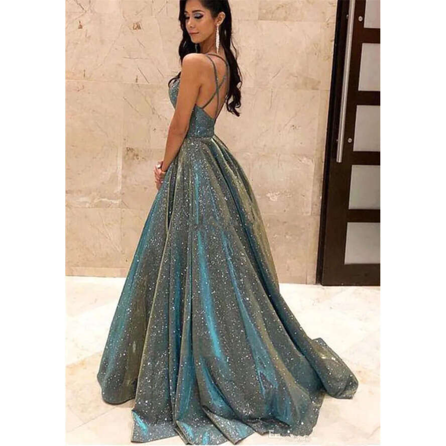 Sequins Shiny Lace Long Prom Dresses Spaghetti Strap Cross Back A E Formal Evening Party Gowns Vestido De Fiesta Vening