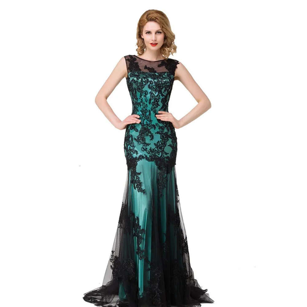 In Stock New Sexy Sheer Tulle Sleeveless Mermaid Evening Dresses Black Lace Applique Formal Party Women Floor Length Prom Gowns Cps