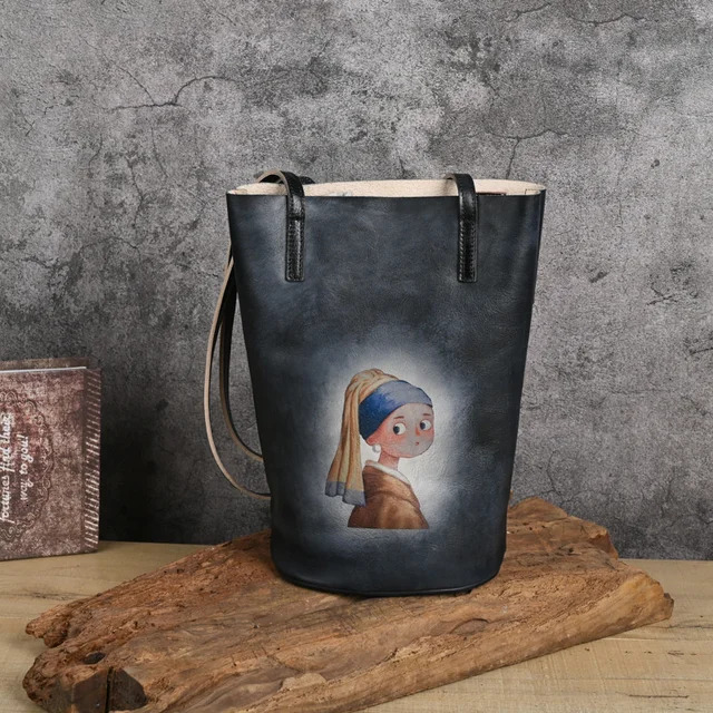 Retro Hand-Printed Women's Bag For Women Genuine Leather Bucket Handbags Long Handle Lady Designer Shoulder Bags Open BagVoyage