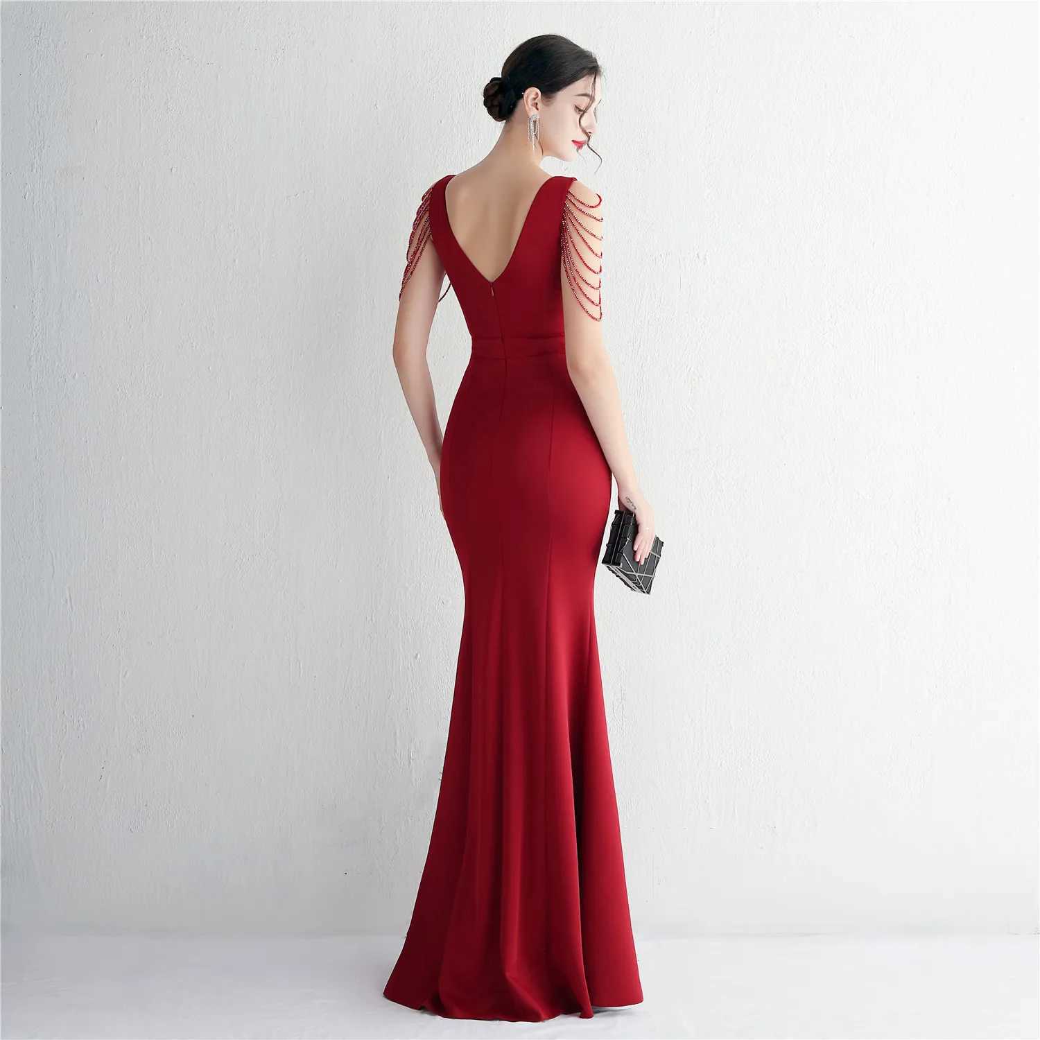 Runway Dresses YIDINGZS Candy Color Women Beading Party Maxi Dress Bright Red Soft Satin Sexy V Neck Evening Dress Long Bridesmaid Drress Y240426