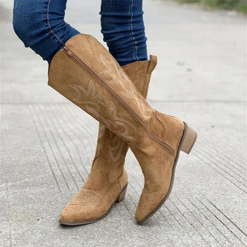 Embroidered Western Cowboy Boots for Women Autumn Pointed Toe Thick Heel High Knee Boots Woman Loose PU Leather Long Botas Mujer 241114