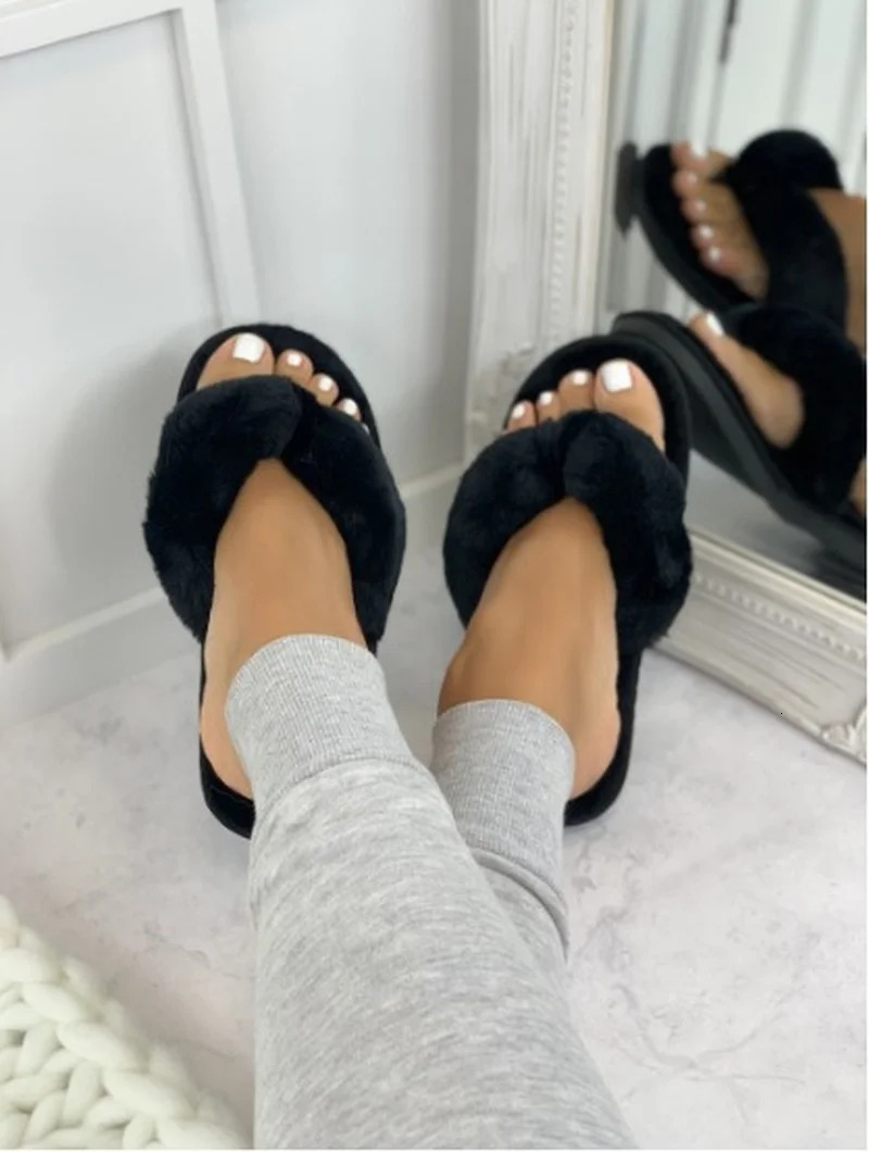 fluffy slider womens comfortable faux fur cross indoor floor slider flat soft fur leather shoes womens celebrity flip cover 241126