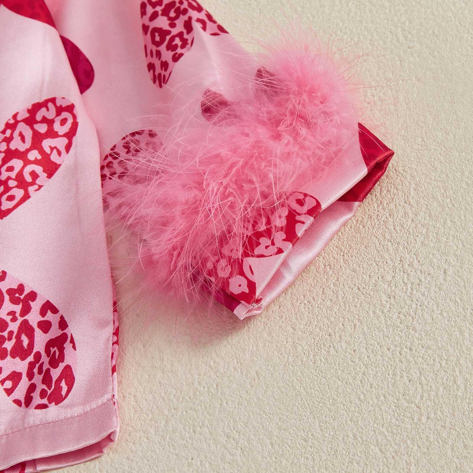 Clothing Sets Kids Baby Girls 2PCS Pajama Sets Valentines Day Sleepwear Feathers Trim Long Sleeve Shirt Pants Heart Print Loungewear Outfits H241126
