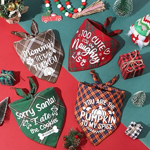 4 Pack Halloween Thanksgivng Christmas Bandanas - ic Fall Plaid Xmas Bandana Triangle Scarf Bibs Kerchief Gift Set Pet Holiday Accessories Decoration 