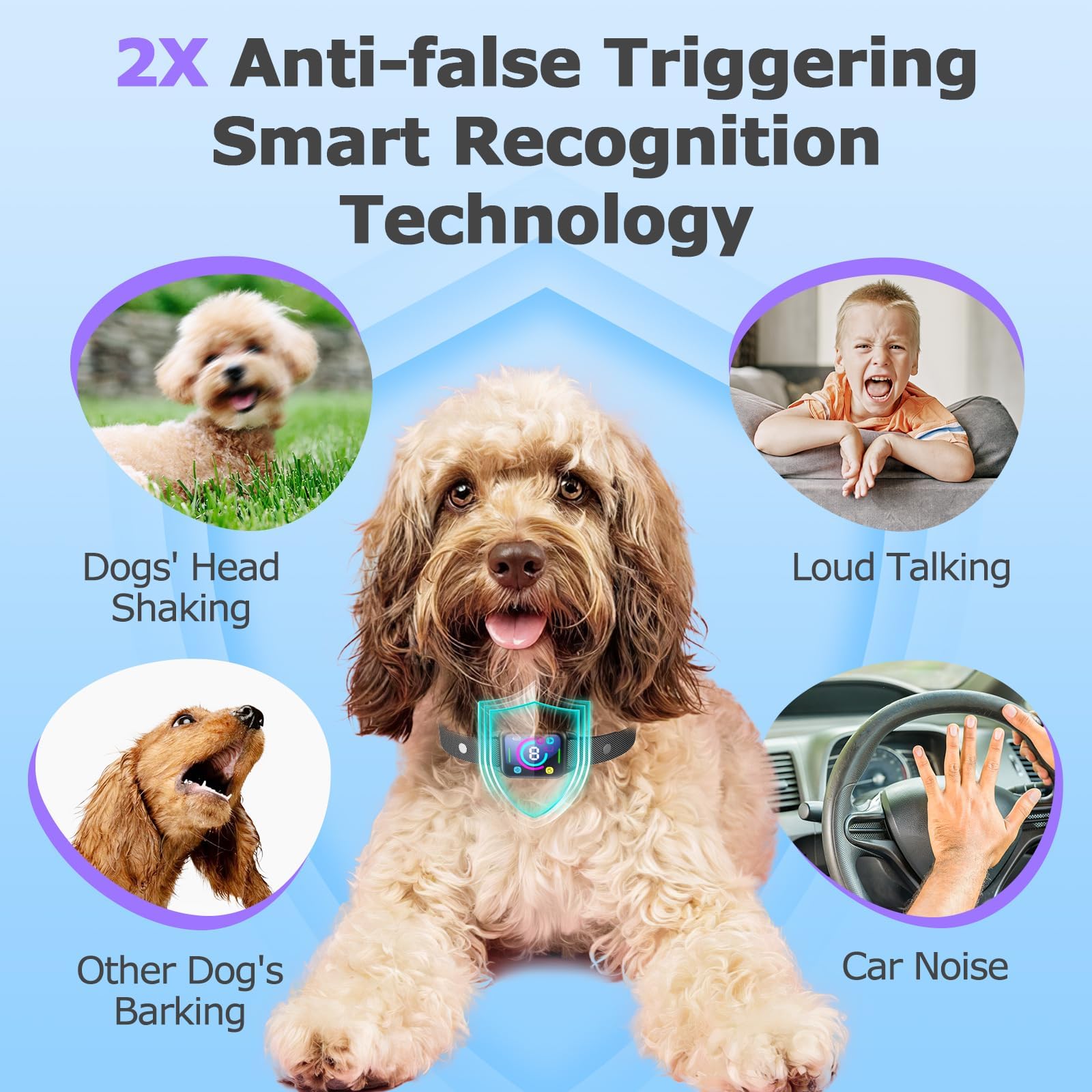 SLAYKAM Small Medium Dogs, Humane No Shock Dog 2 Vibrations Beep, Rechargeable Anti Barking Collar with 8 Adjustable Sensitivity, Smart Bark Collars f