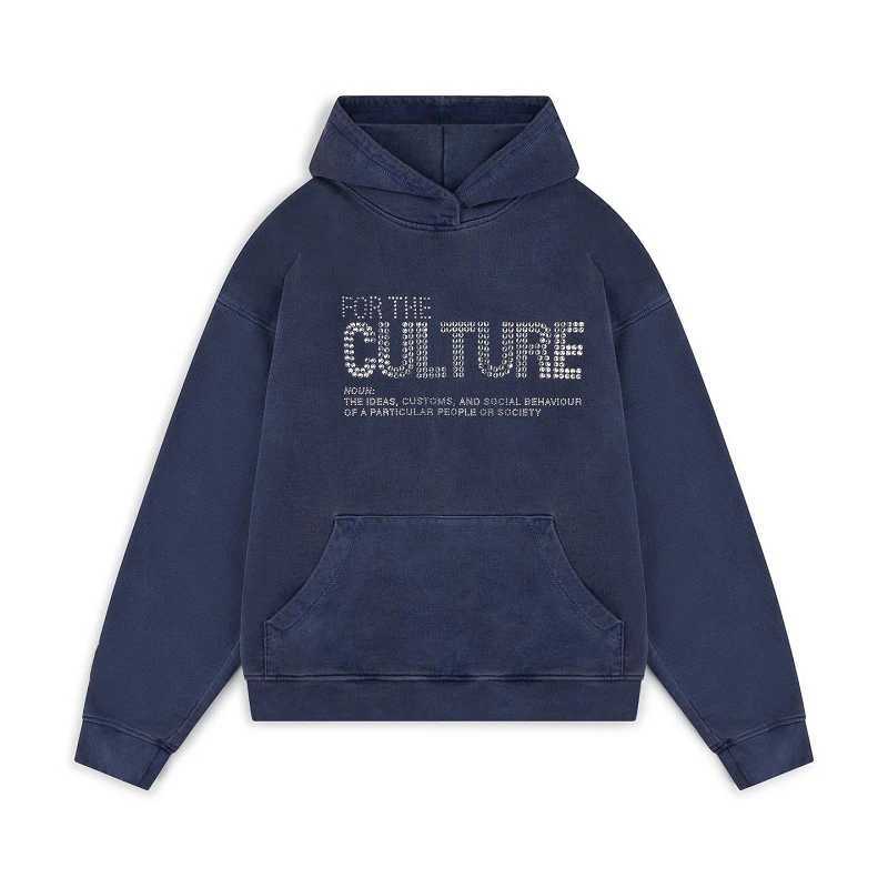 New navy blue rhinestone hoodie loose and warm Y2K letter hot diamond fashionable and personzed retro styleC241126