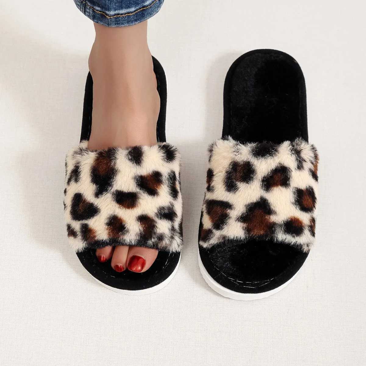 Autumn Winter Leopard Print Slippers Womens Fi Plush Fur Slides Home Flip Flops Indoor Warm EVA Anti Slip Living Room ShoeXJ250207