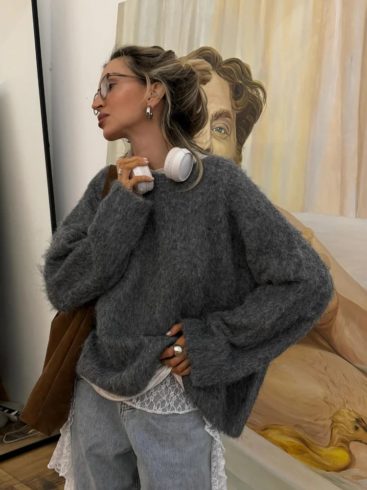 Casual Dark Grey Womens Mohair Pullover Sweater Fashion Loose Long Sleeve O Neck Knit Jumper Lady Versatile Chic Knitwear 241126