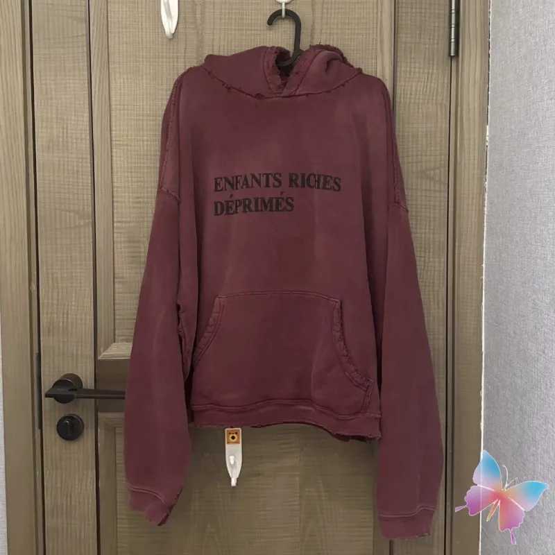 Men's Hoodies Sweatshirts 24ss Winter New Claret ERD Hoodie Slogan Print Torn Holes Washed Old Hooded Sweatshirt Men Women Hiphop Street b70
