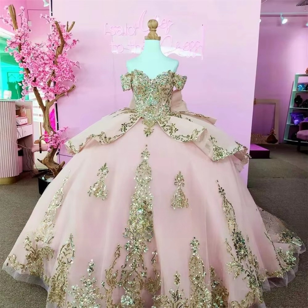 Pink Tulle Quinceanera Dress With Beaded & Gold Sequins Applique, Sweet 16 Ball Gown, 2024 Vestidos De 15 Anos