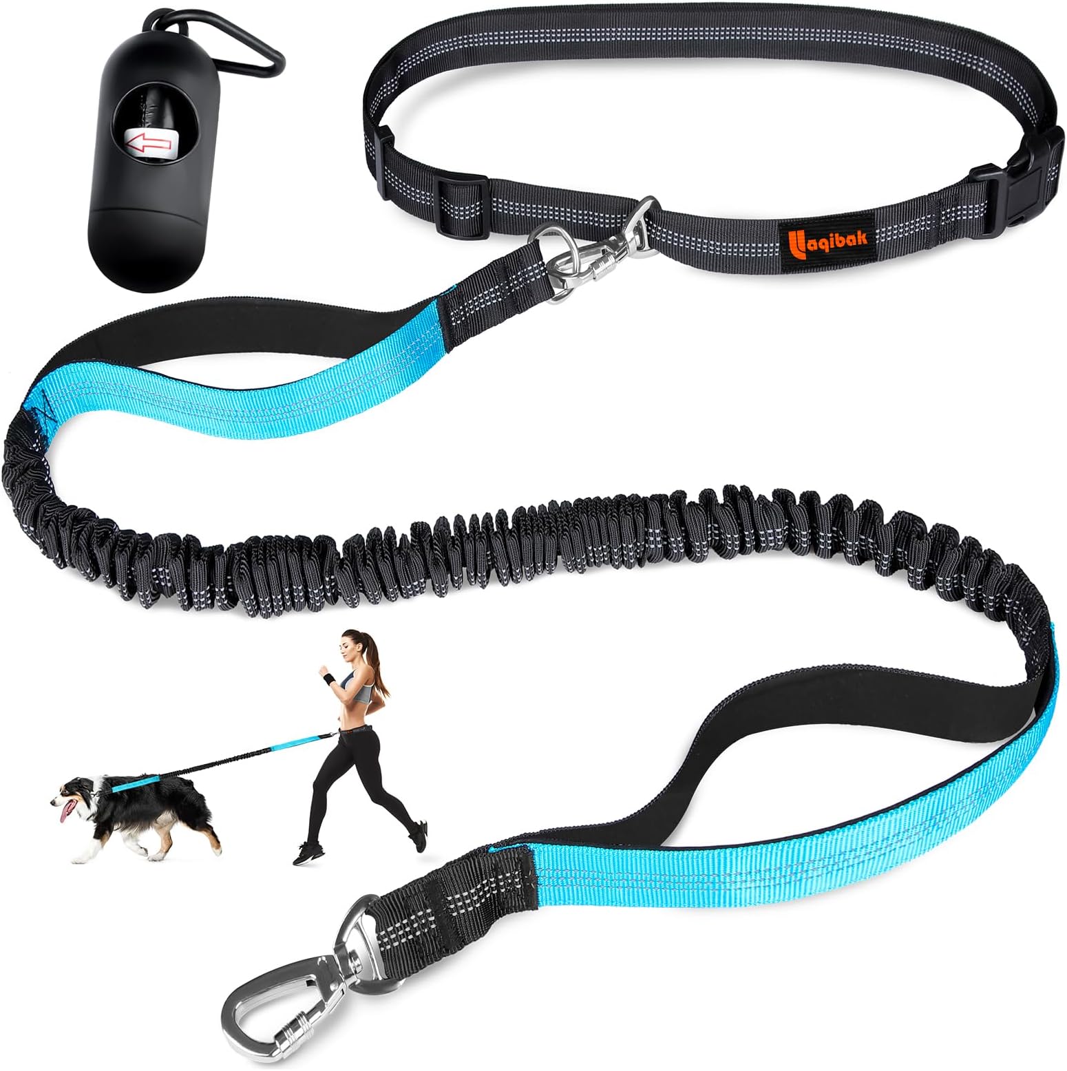 Hands Fr Lash, Adjustabl Waist Dog, Handl Bung Dog Lash 4.2-6.7 Ft Long with Rflctiv s for Walking Hiking Running, Fits 26 - 47 Waist, Black &