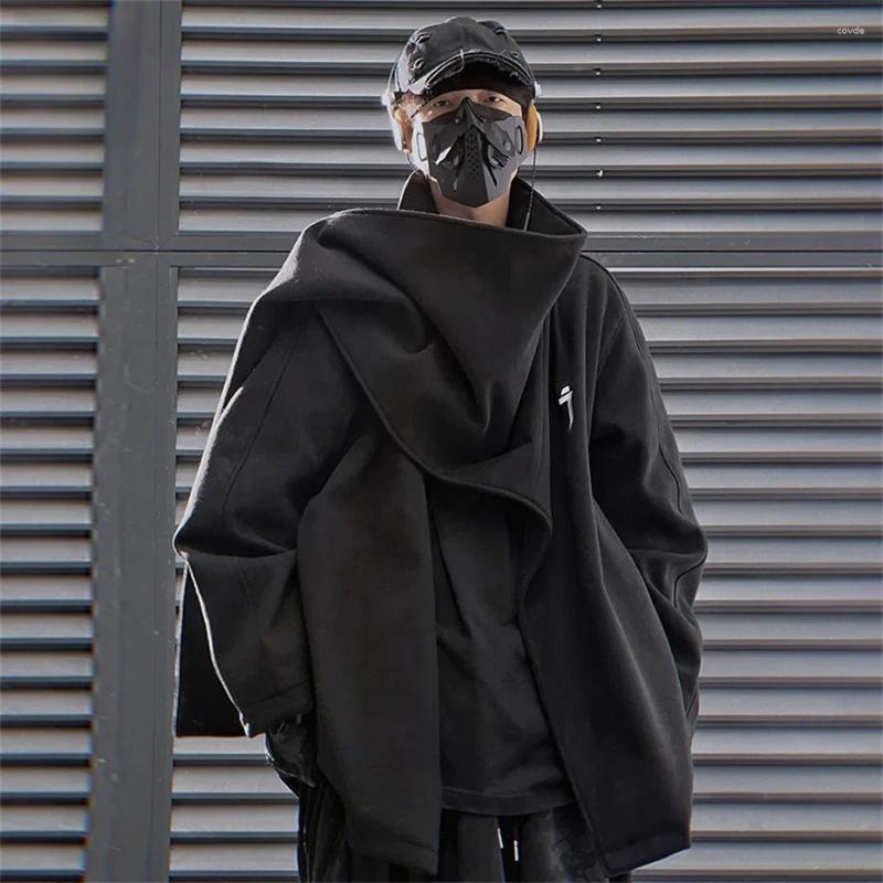 Men's Woolen Oversized Turtleneck Jacket With Scarf Design - Black, Haruku Streetwear For Spring