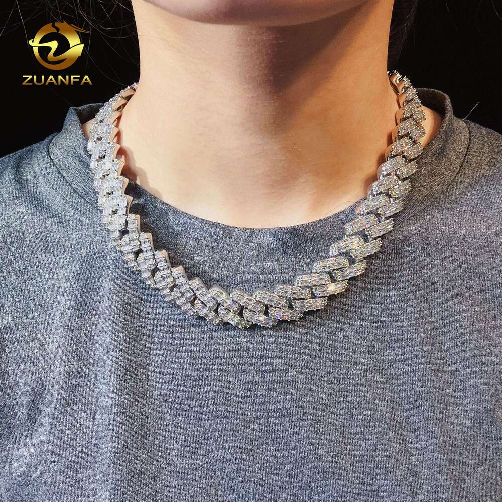 Custom Sterg Sier Jewelry 16Mm Full Baguette Design VVS Moissanite Chain Fashion Hip Hop Cuban K Chains For Men