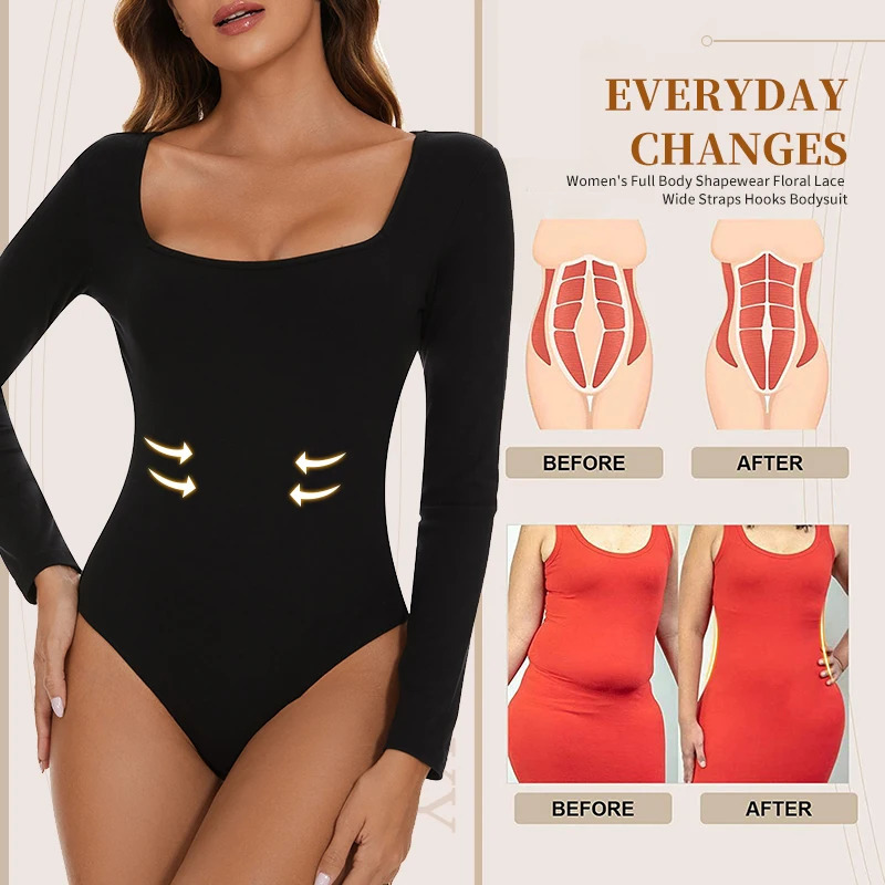 Womens Bodysuit Low Cut Square Neck Long Sleeve Shapewear Underwear Tummy Control Belly Compression Bottoming Shirt Jumpsuits 241112