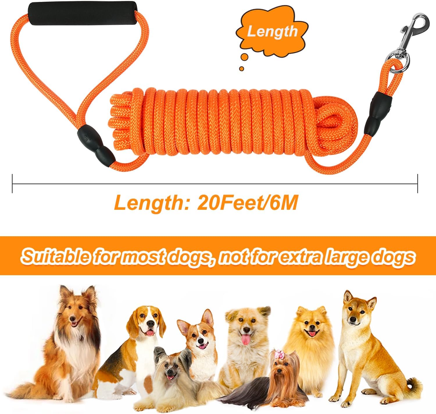 Vivifying Floating Long 20FT Training Leash, Lightweight Dog Check Cord Rope Leash with Comfortable Handle for Outside, Hiking, Swimming, Beach and La