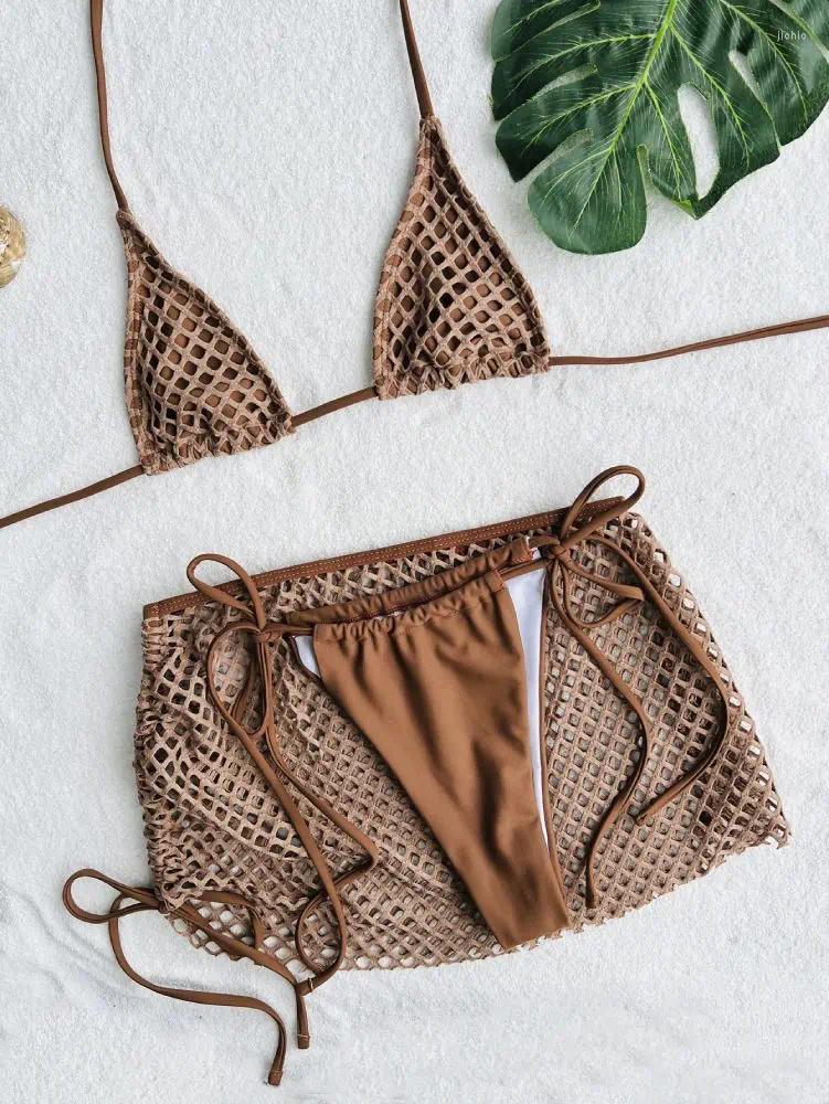 Womens Swimwear Cikini Swim Hollow Out Triangle Bikini Swimsuit With Beach Skirt Monochromatic Bathing Suit For Women Summer