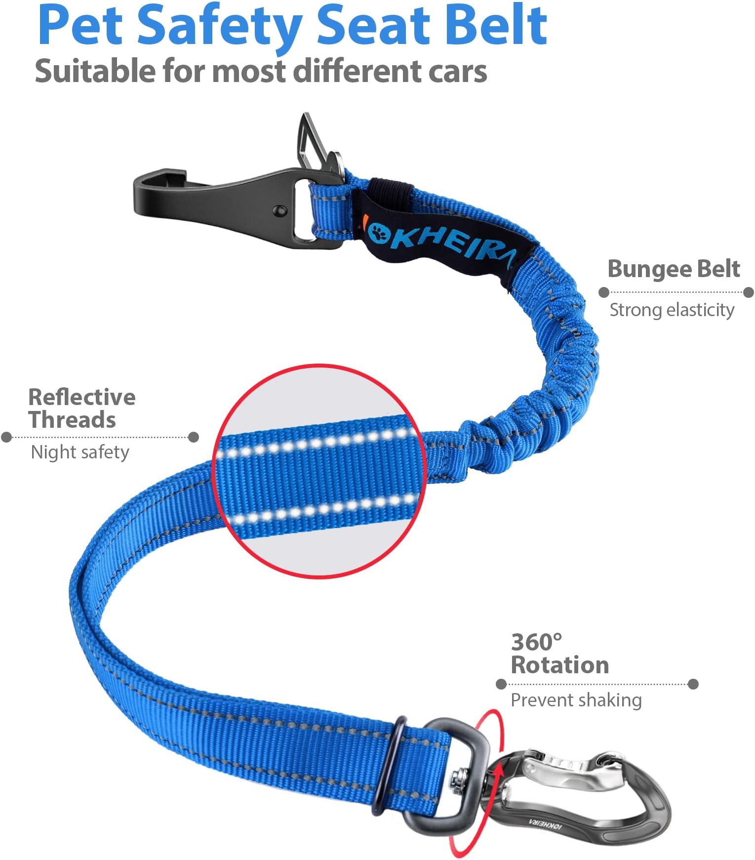 IOKHEIRA Seatbelt, Updated Adjustable Harness Reflective Bungee Dog Car Seat Belt with Aviation Aluminum Alloy Rotatable Carabiner, Hook & Buckle Free