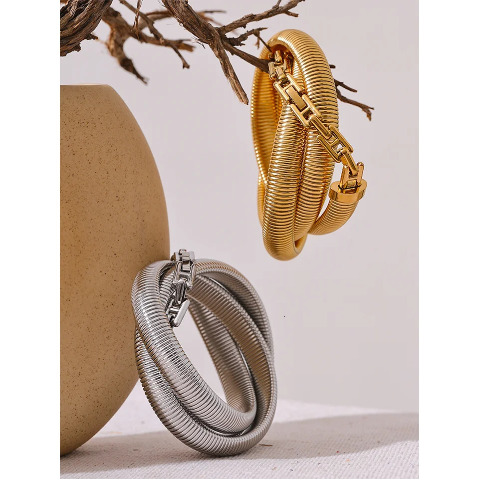 Yhpup High Quality Stainless Steel Layered Elastic Thick Bracelet Bangle Waterproof 18K Gold Plated Statement Unisex Jewelry 241127
