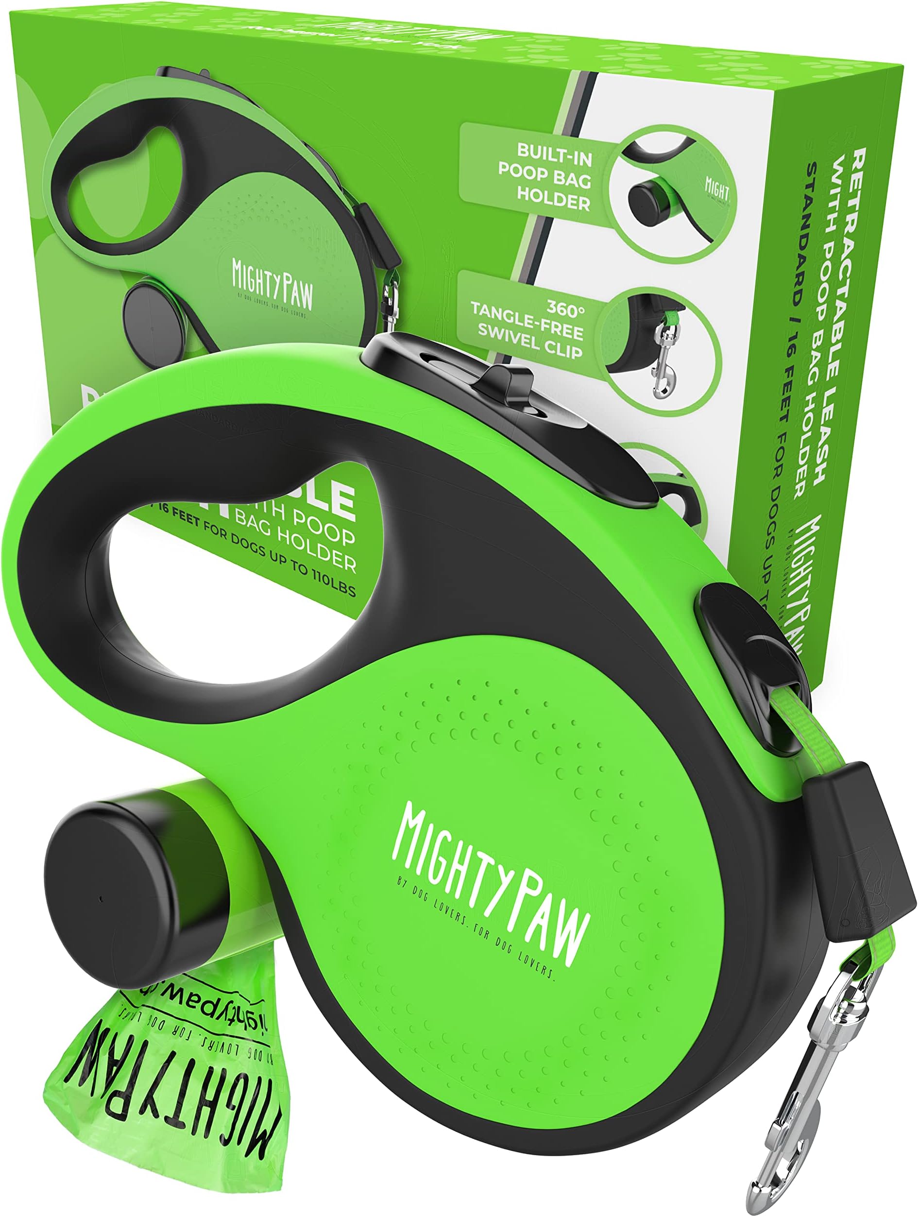 Mighty Paw Retractable with Built-in Poop Bag Holder | 16' Long Leash Small Dogs, Medium Breeds & Large Pets. Tape for Quick Control. Bags Includ