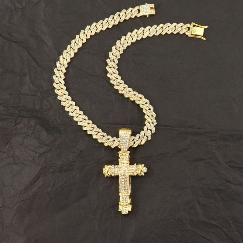 Fashion designer hip-hop full European and American dia luxurious personality high-quality cross necklace high-end Cuban retro chain