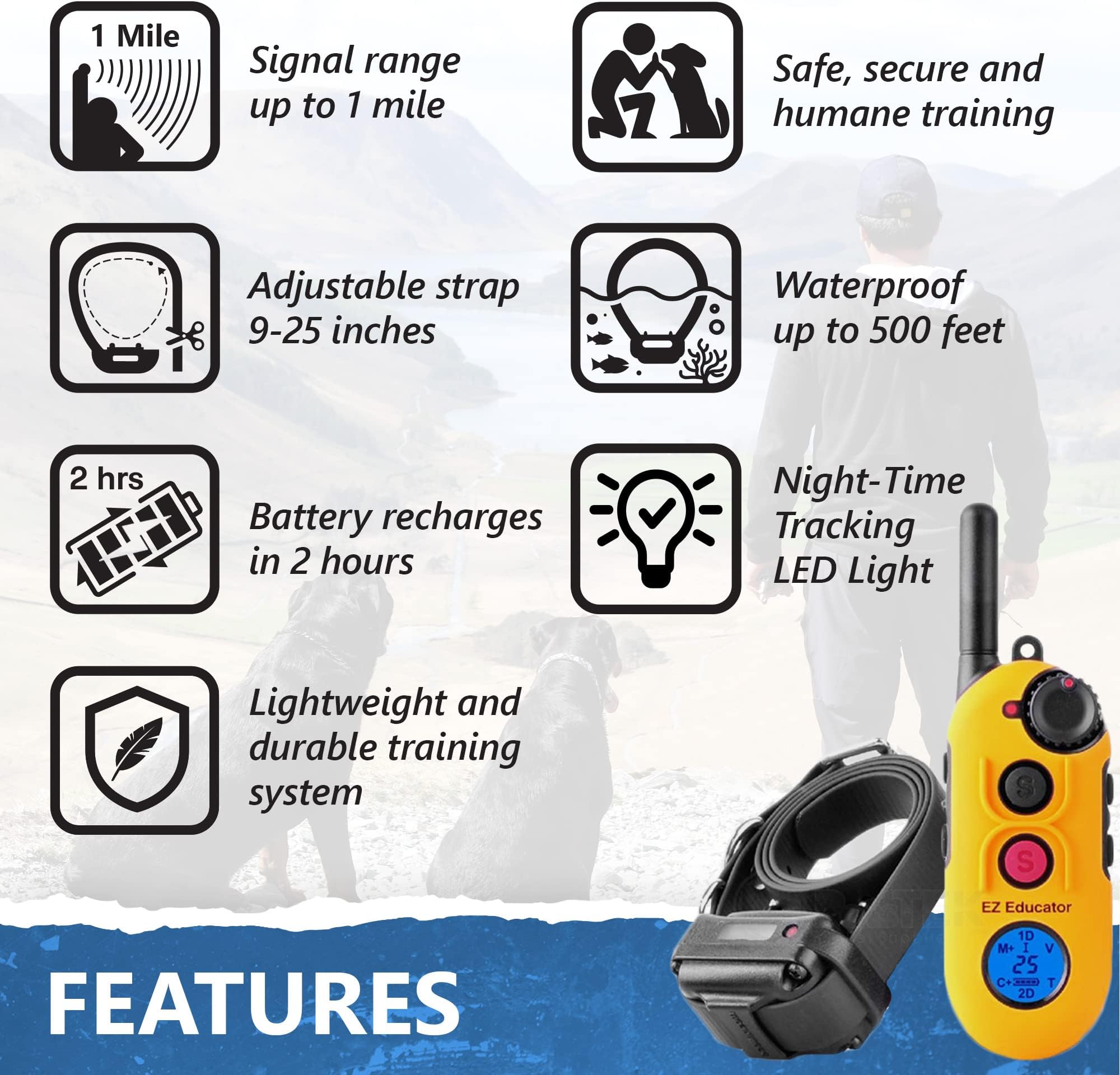 E-Collar Educator EZ-900-1/2 Mile Remote Waterproof Trainer - Static, Vibration and Sound Stilation Collar with PetsTEK Dog Training ker