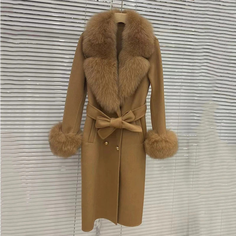2023 Long Women Wool Cashmere Blended Coat with Big Real Fur Collar Fashion Winter Jacket double breasted Belt Outwear Cuff 241120
