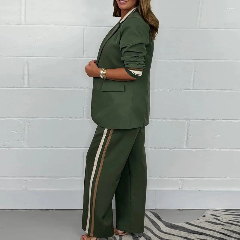Autumn Elegant Striped Print Office Women's Suit Fashion Lapel Neck Blazer Jacket & Elastic Waist Pants Sets Winter 2pcs Outfits
