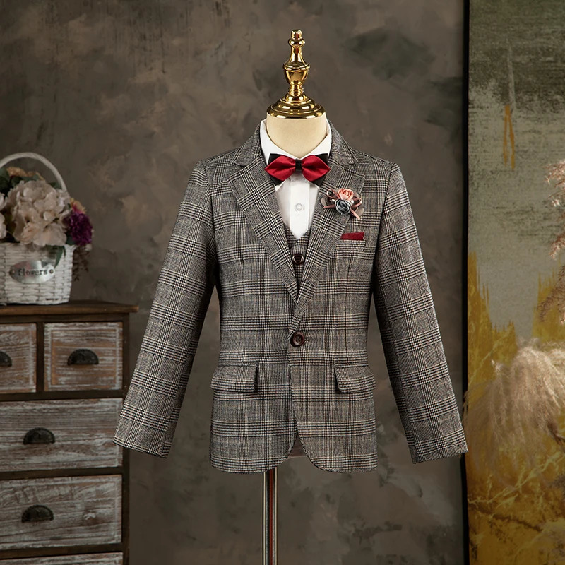 Childrens Formal Classic Palid Suit Set Boy Gentleman Catwalk Birthday Host Piano Performance Costume Kids Jacket Vest Pants 241126