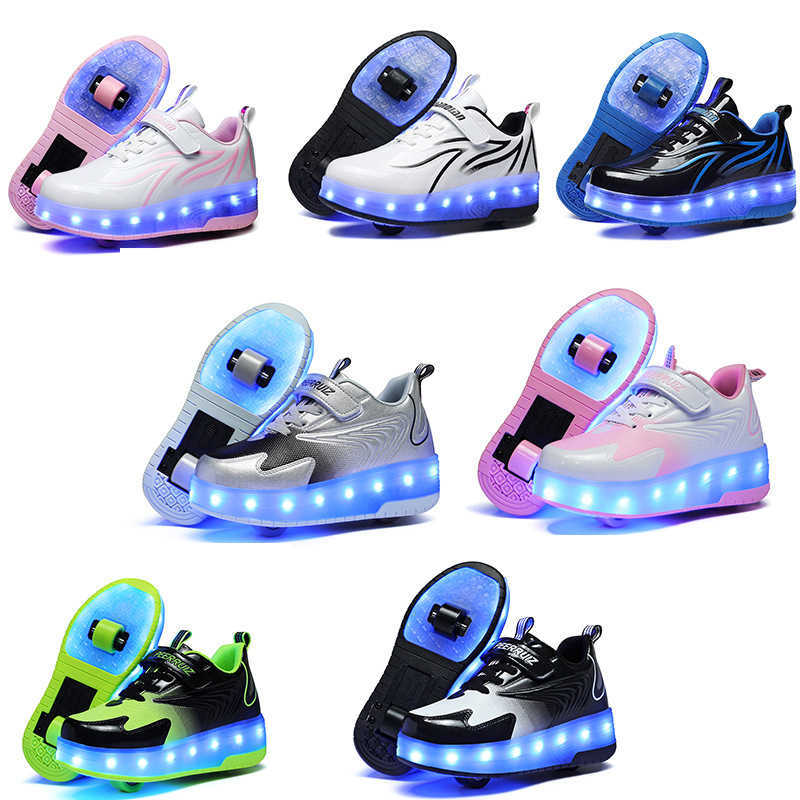 Children One Two Wheels Luminous Glowing Sneakers Gold Pink Led Light Roller Skate Shoes Kids Led Shoes Boys Girls USB Charging Y241127