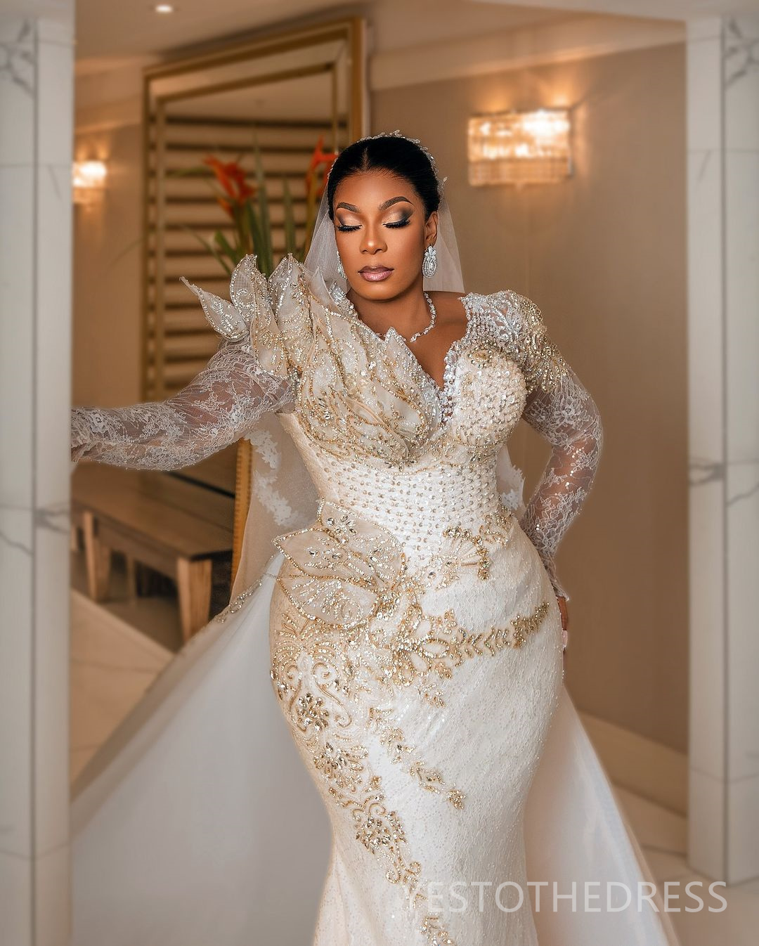 2025 African Wedding Dress Bridal Gowns Plus Size Mermaid Wedding Gowns Sheer Neck Long Sleeves Pearls Beaded Lace Gowns For Nigeria Black Women Bride