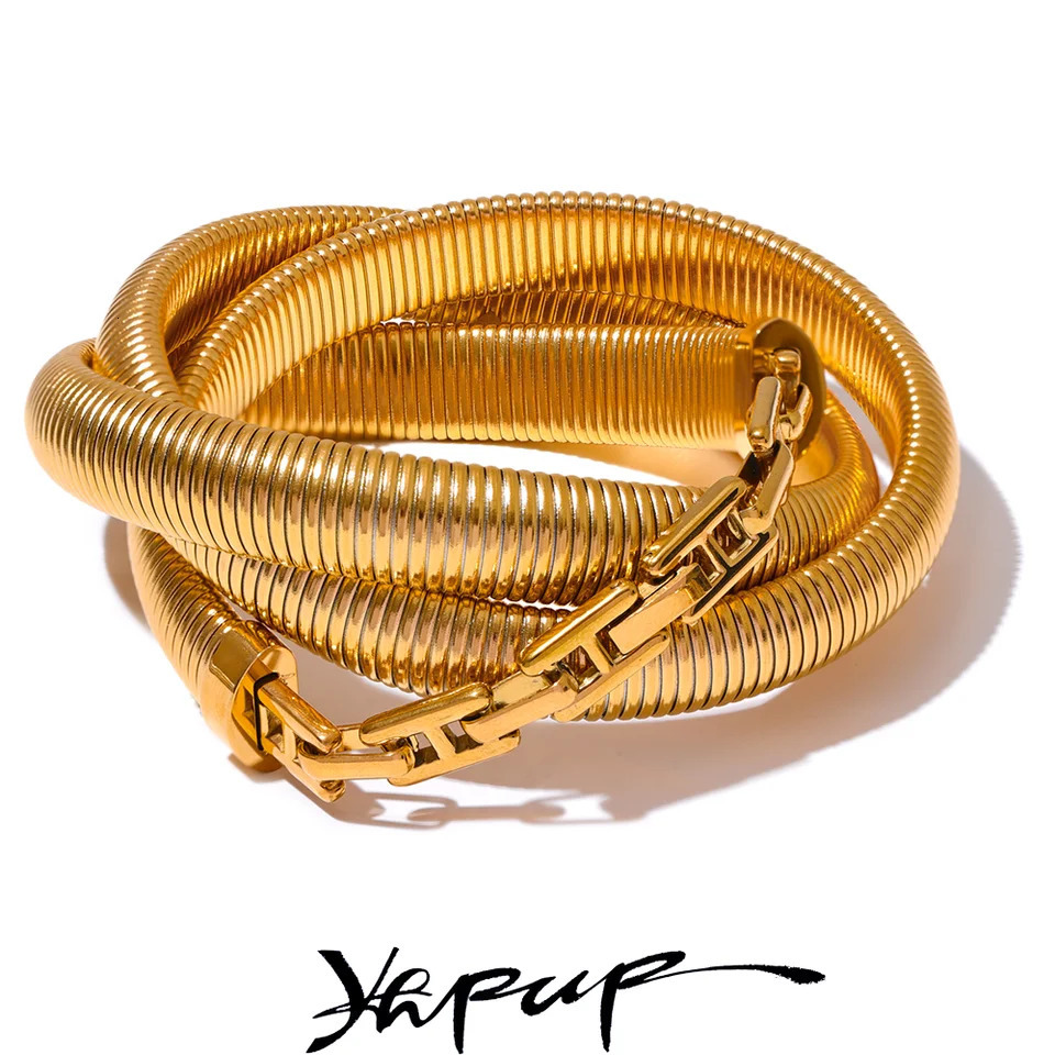 Yhpup High Quality Stainless Steel Layered Elastic Thick Bracelet Bangle Waterproof 18K Gold Plated Statement Unisex Jewelry 241127