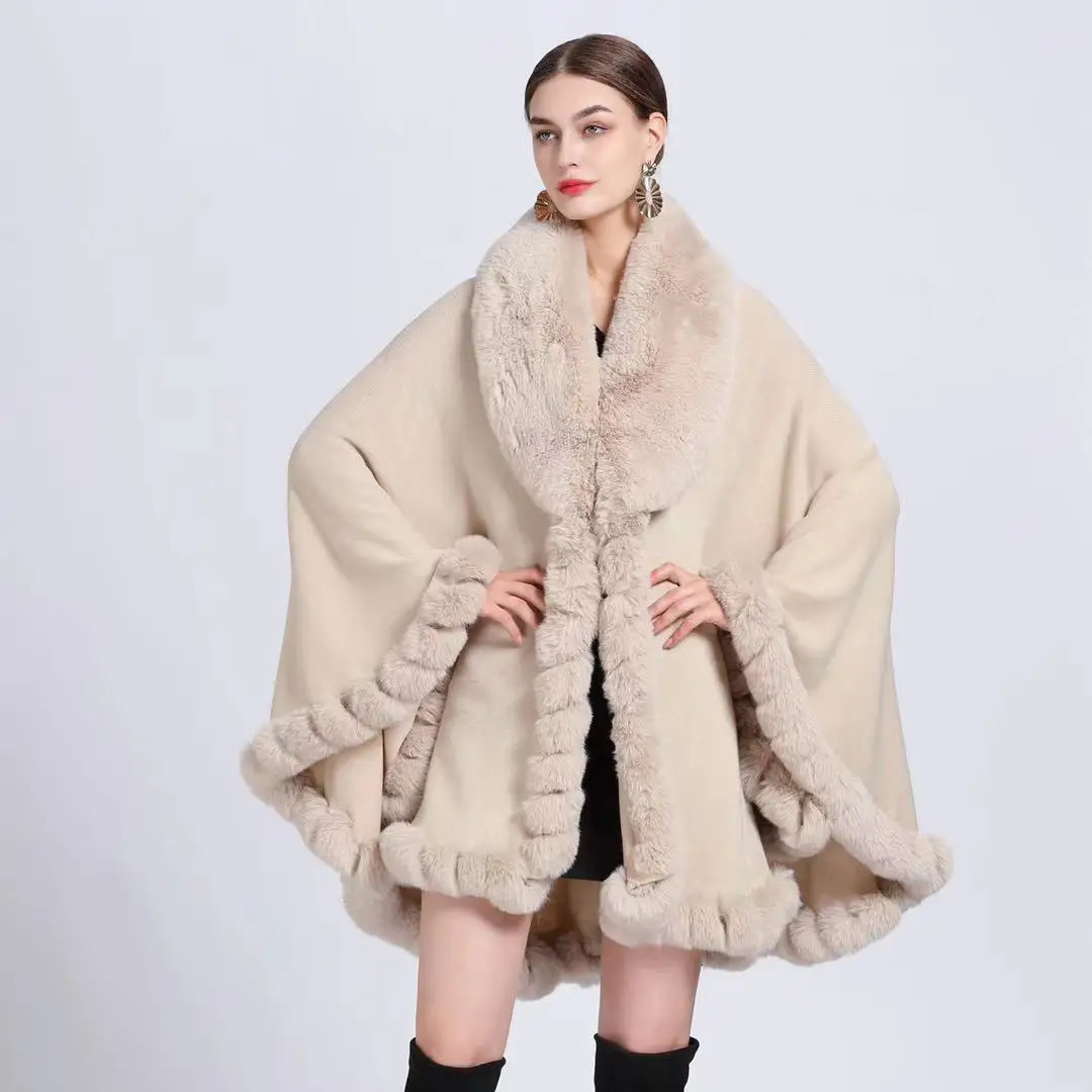 Europe America Otter Rabbit Fur Collar Hooded Cashmere Loose Ponchos Women Capes Khaki Cloak 241112
