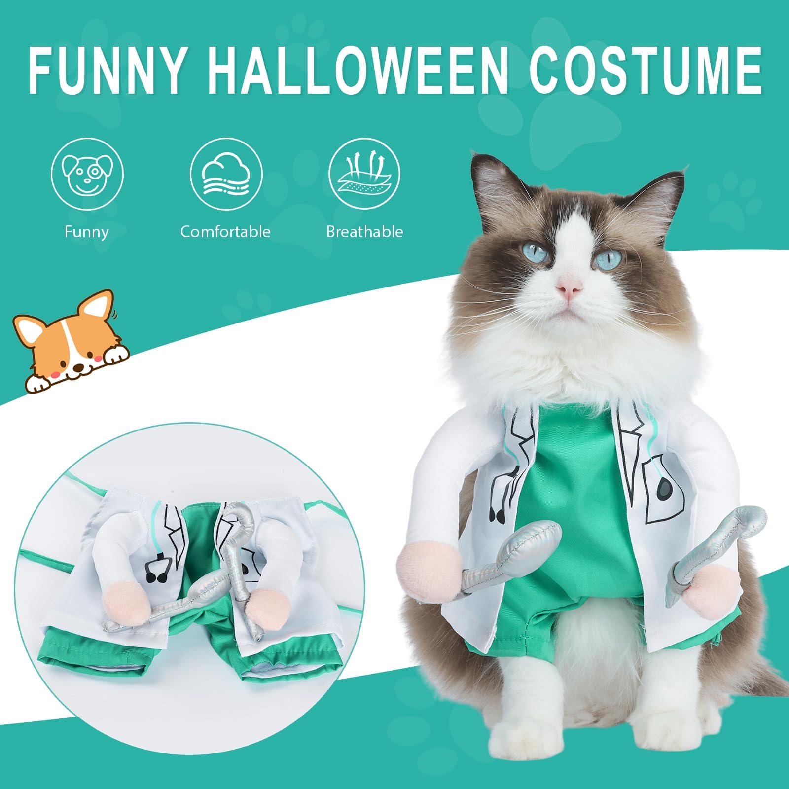 DELIFUR Halloween Dentist - Pet Dress Up Costume Funny Apparel Uniform Adjustable Doctor Cosplay Outfit for Medium Dog
