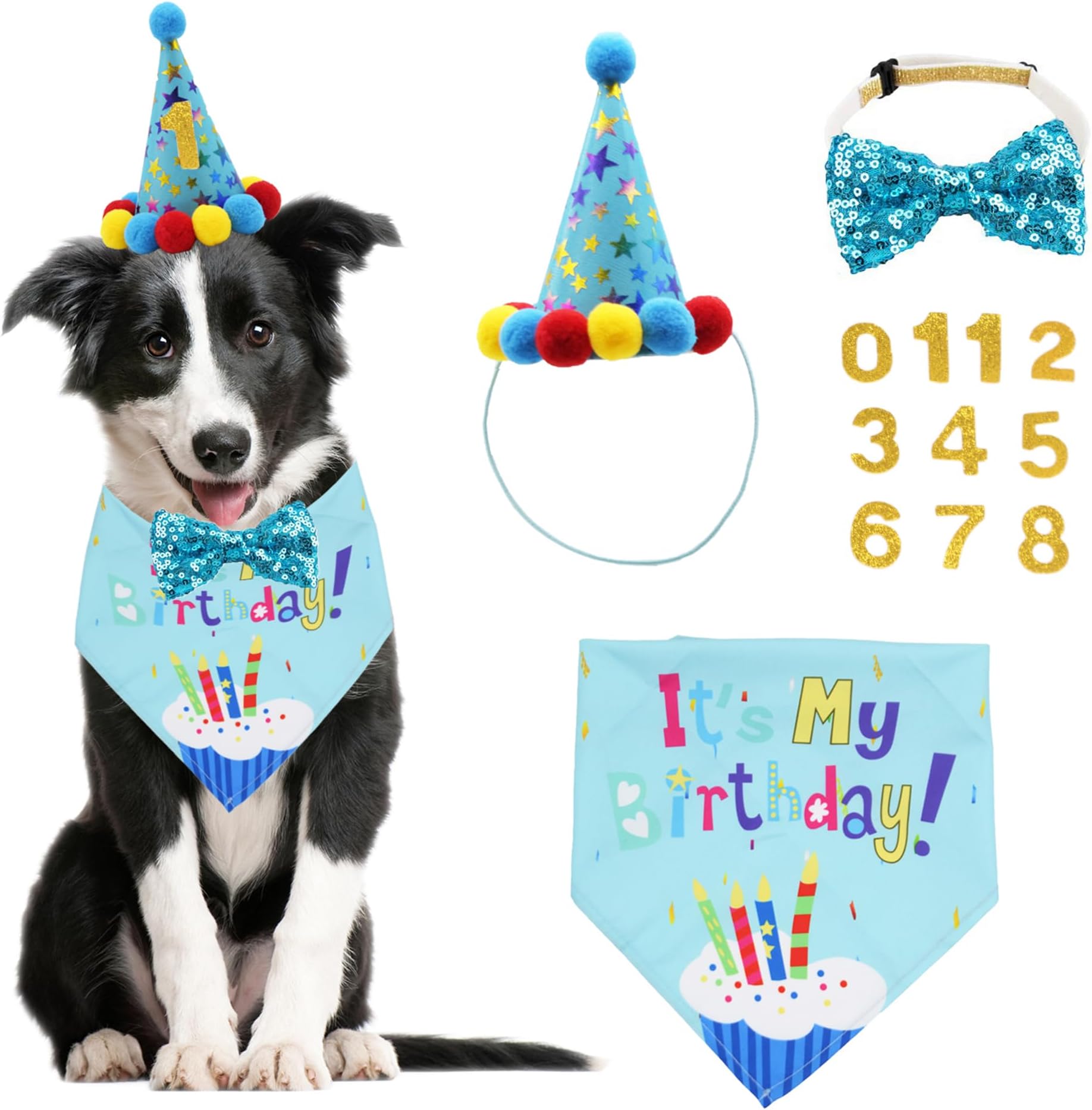 ADOGGYGO Bandana Scarf and Girl Boy Birthday Party Hat with Cute Bow Tie for Dog Cat