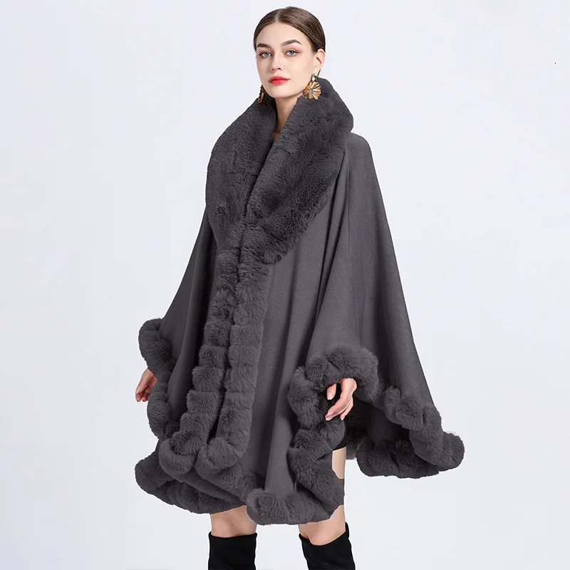 Europe America Otter Rabbit Fur Collar Hooded Cashmere Loose Ponchos Women Capes Khaki Cloak 241112