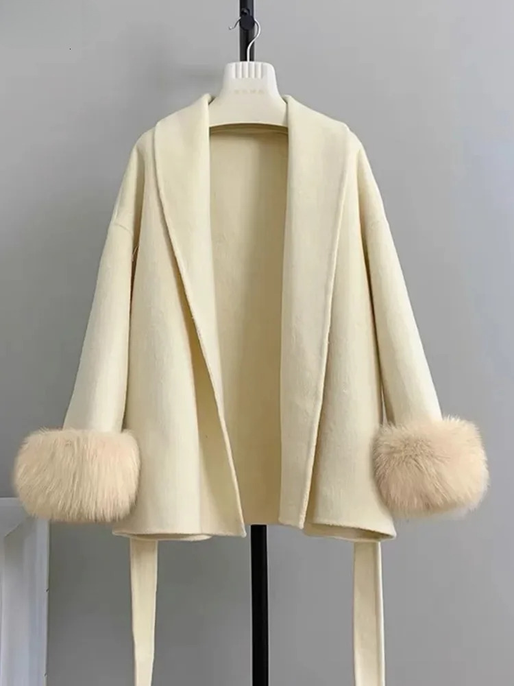 Korea Chic Flip Collar Fox Fur Double-Sided Woolen Coat Elegant Wool Jacket Women Winter Brown Overcoats 6U724