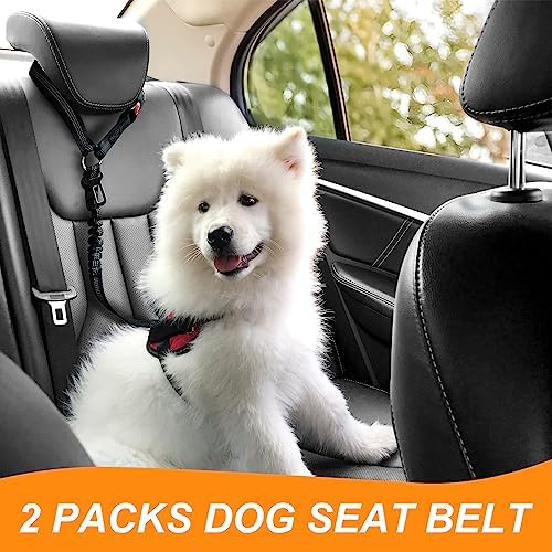 Pavsrmy 2 Packs Seat Belt Car, Upgrade 3-in-1 Seatbelt Adjustable Metal Buckle, Safety Headrest Restraint Dog Car with Elastic Bungee for Small Medium