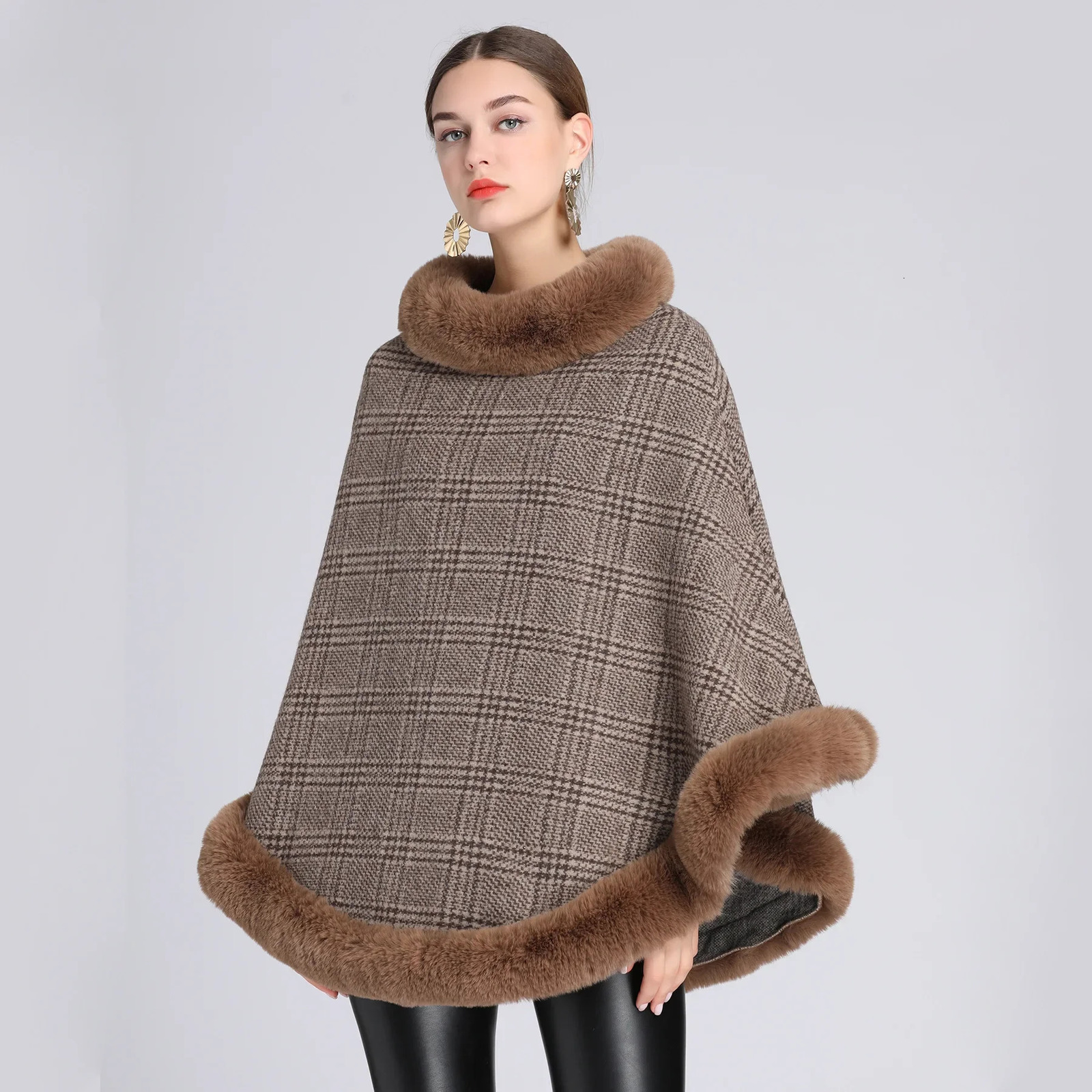 Autumn Winter Otter Rabbit Fur Collar Capes Pullover Women Knit Poncho Lady Gray Cloak 241126