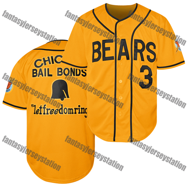 Men's Polyester Baseball Jersey Bad News Bears #3 Yellow Tanner Boyle Chico'S Bail Bonds Embroidered V-Neck, Breathable Button-Up Shirt for 