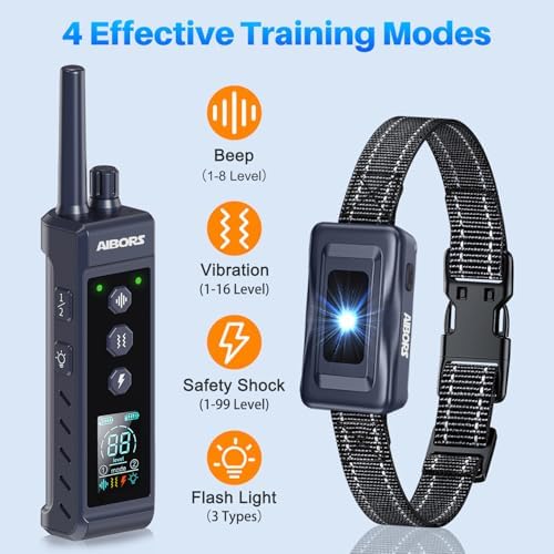 AIBORS Dog Shock Collar, 4300FT Remote Control 5-150lbs Small Medium Large Dogs, Rechargeable Waterproof e Collar with Light for Night Walks 4 Trainin
